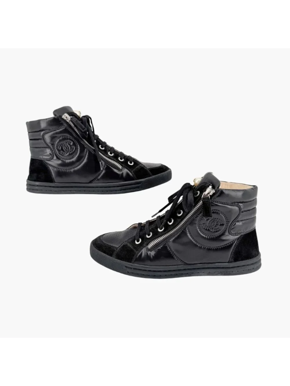 Chanel CC Pearl High Top Sneakers Black Size 38 US 7-7.5 Women's Quilted Nylon